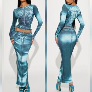 Blue Printed Quilt Long Sleeve Top and Skirt Set